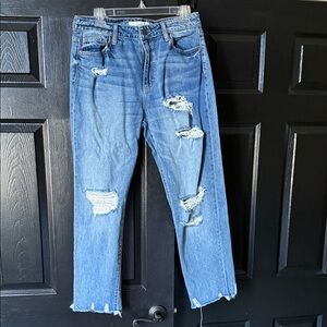 Relaxed Straight-Leg Distressed Jeans - Light Blue